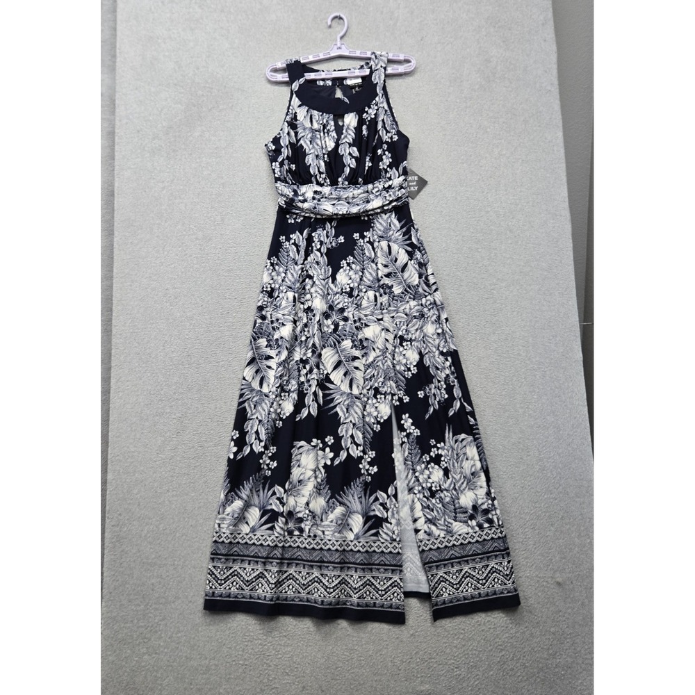 Kate And Lily Women Dress 14 Navy Floral Maxi A Line Sleeveless Slit Keyhole NWT